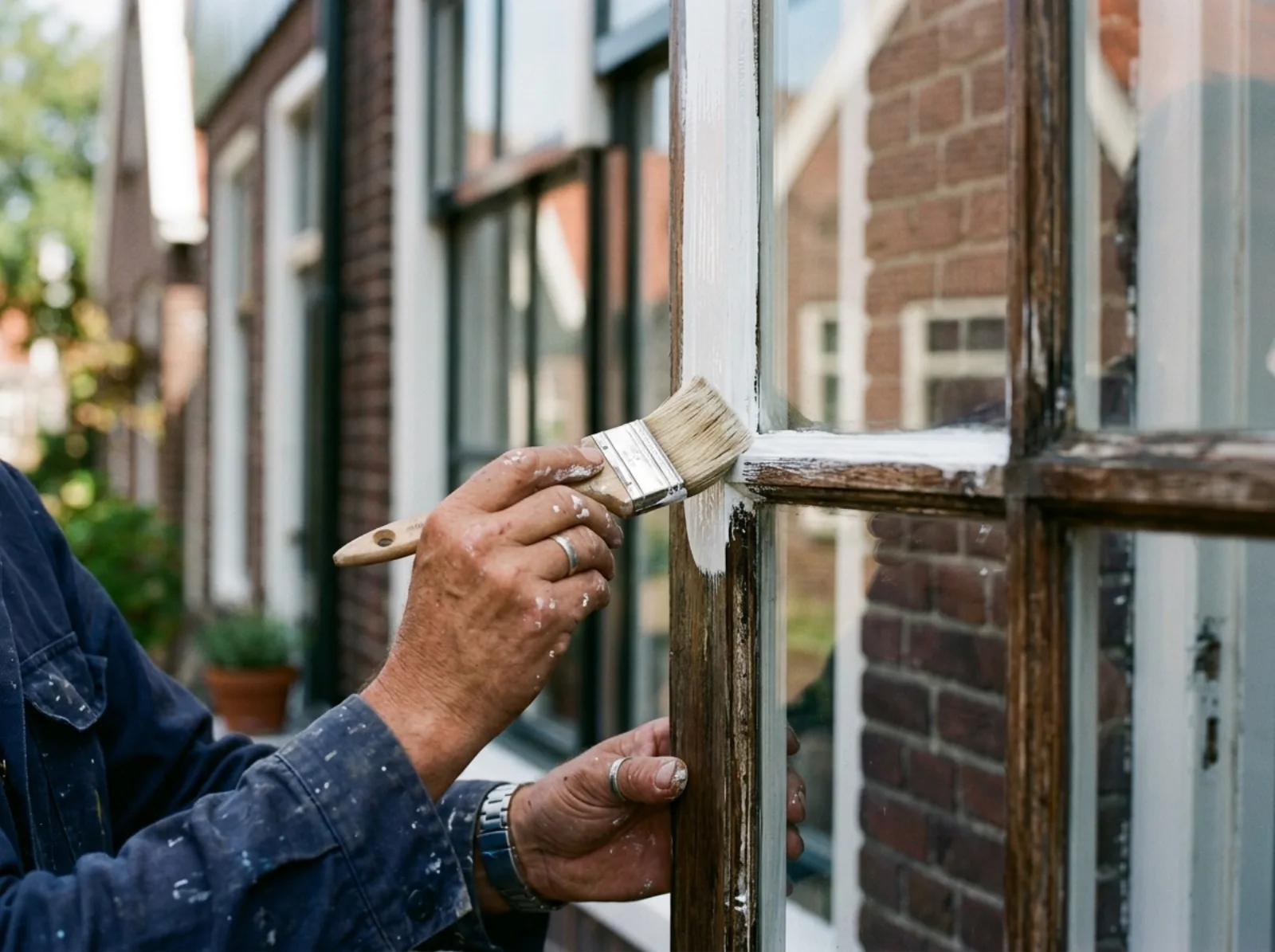 Buitenschilderwerk: schilder lakt een houten kozijn, close-up