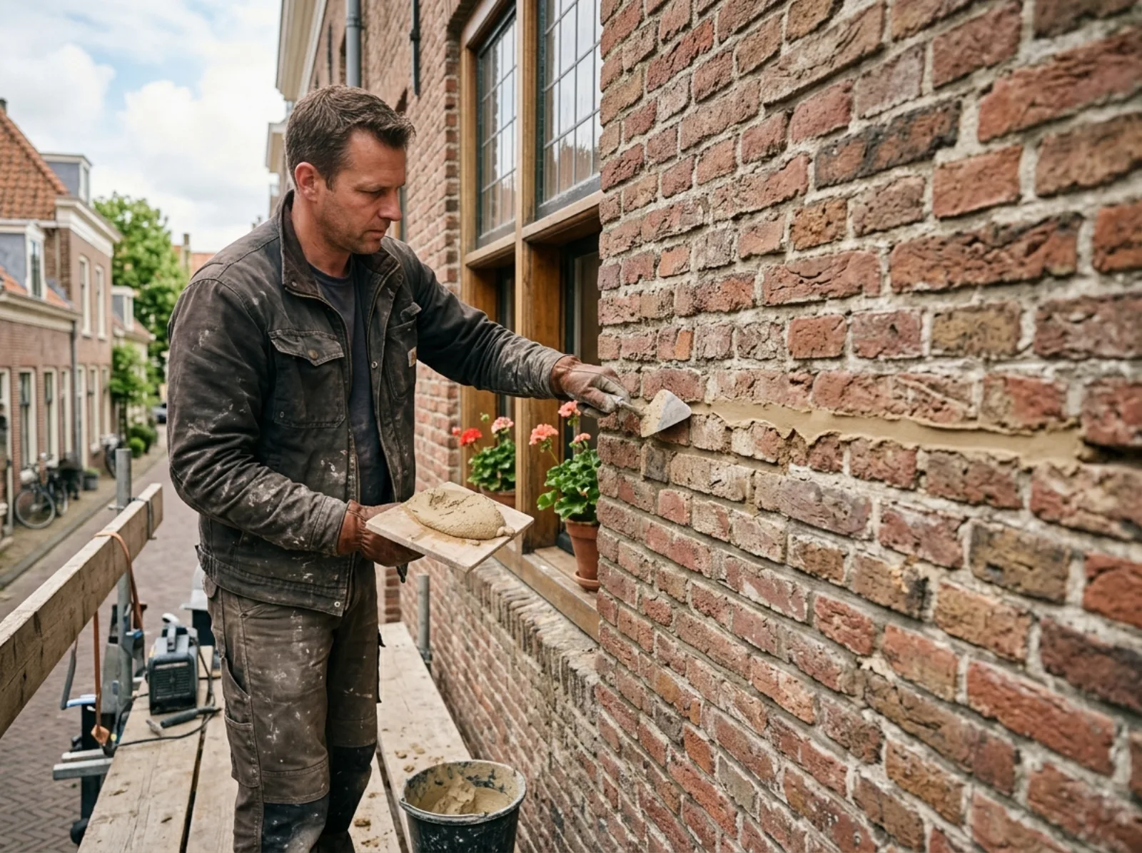Gevelrenovatie: vakman vernieuwt het voegwerk van een bakstenen gevel