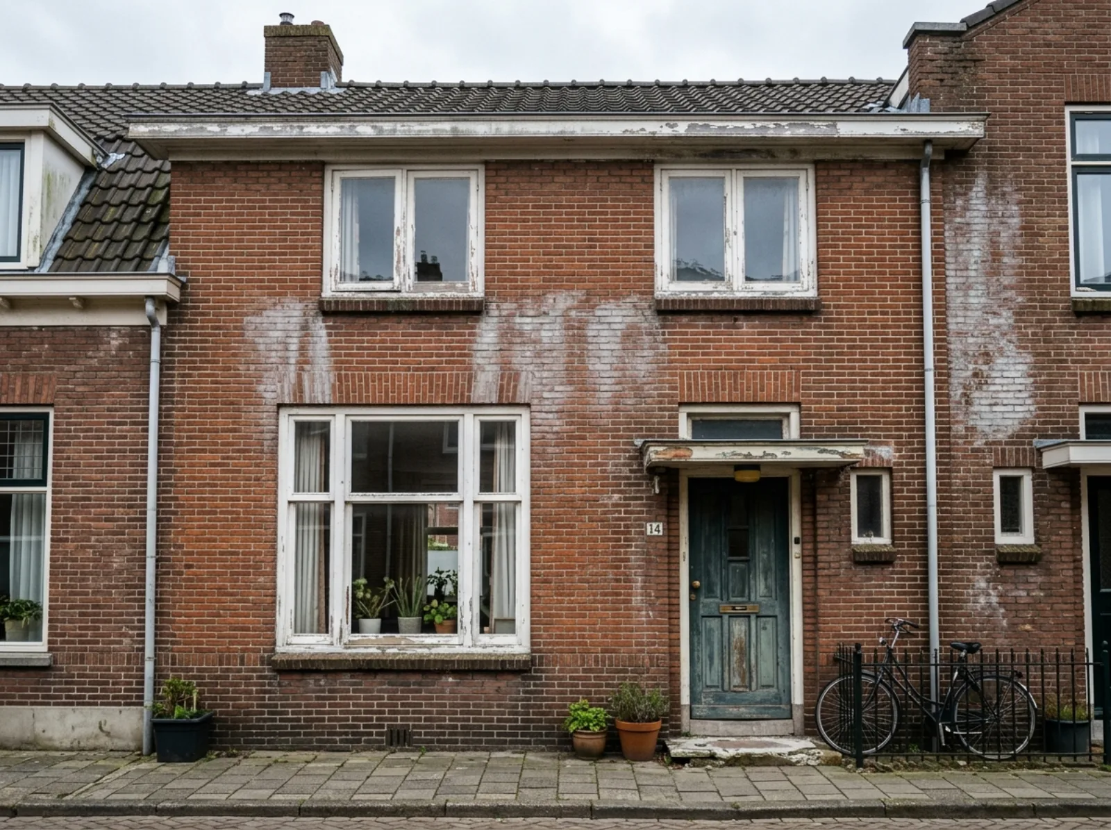 Voor: vervuilde gevel met uitgesleten voegen en afbladderend houtwerk