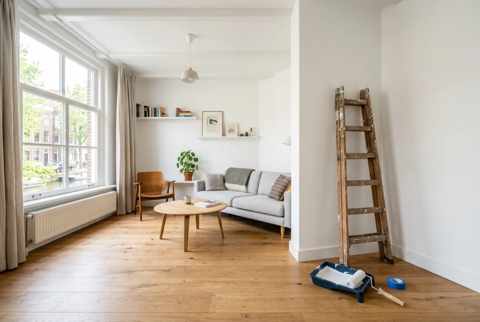 Binnenschilderwerk: strak geschilderde lichte woonkamer