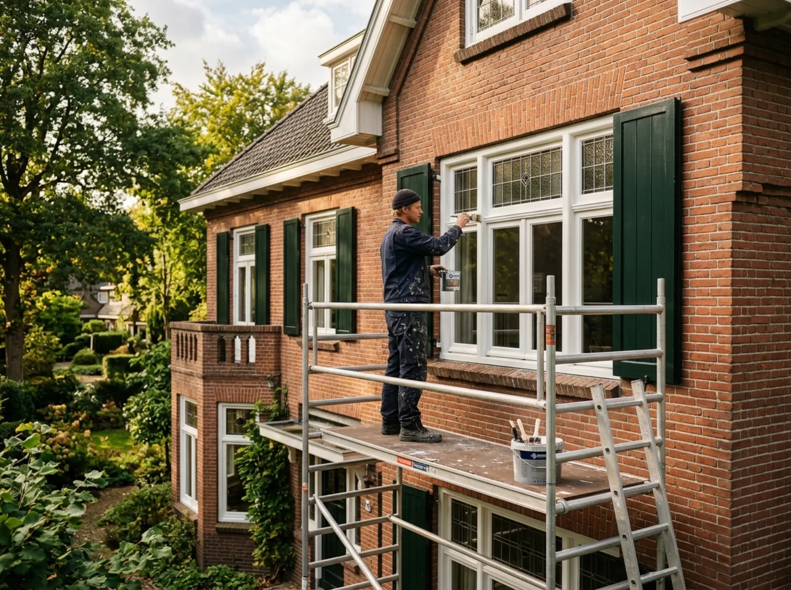 Schilder op een steiger bij de gerenoveerde gevel van een Gooise villa in het zonlicht